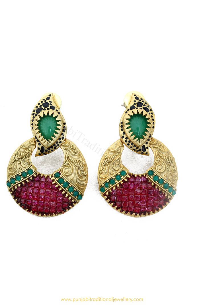 Gold Finished Rubby Emerald AD Earrings By PTJ