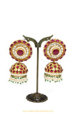 Gold Finished Rubby Emerald Kundan Jhumki Earrings by PTJ