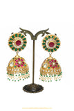 Gold Finished Rubby Emerald Kundan Jhumki Earrings by PTJ