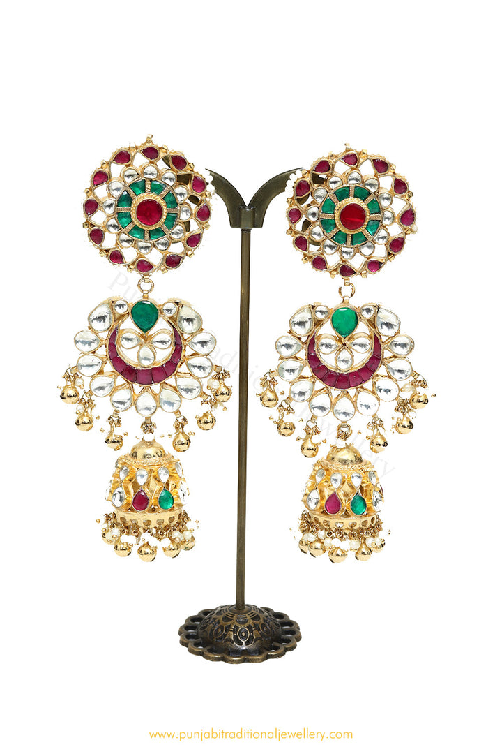Gold Finished Rubby Emerald Kundan Jhumki Earrings by PTJ