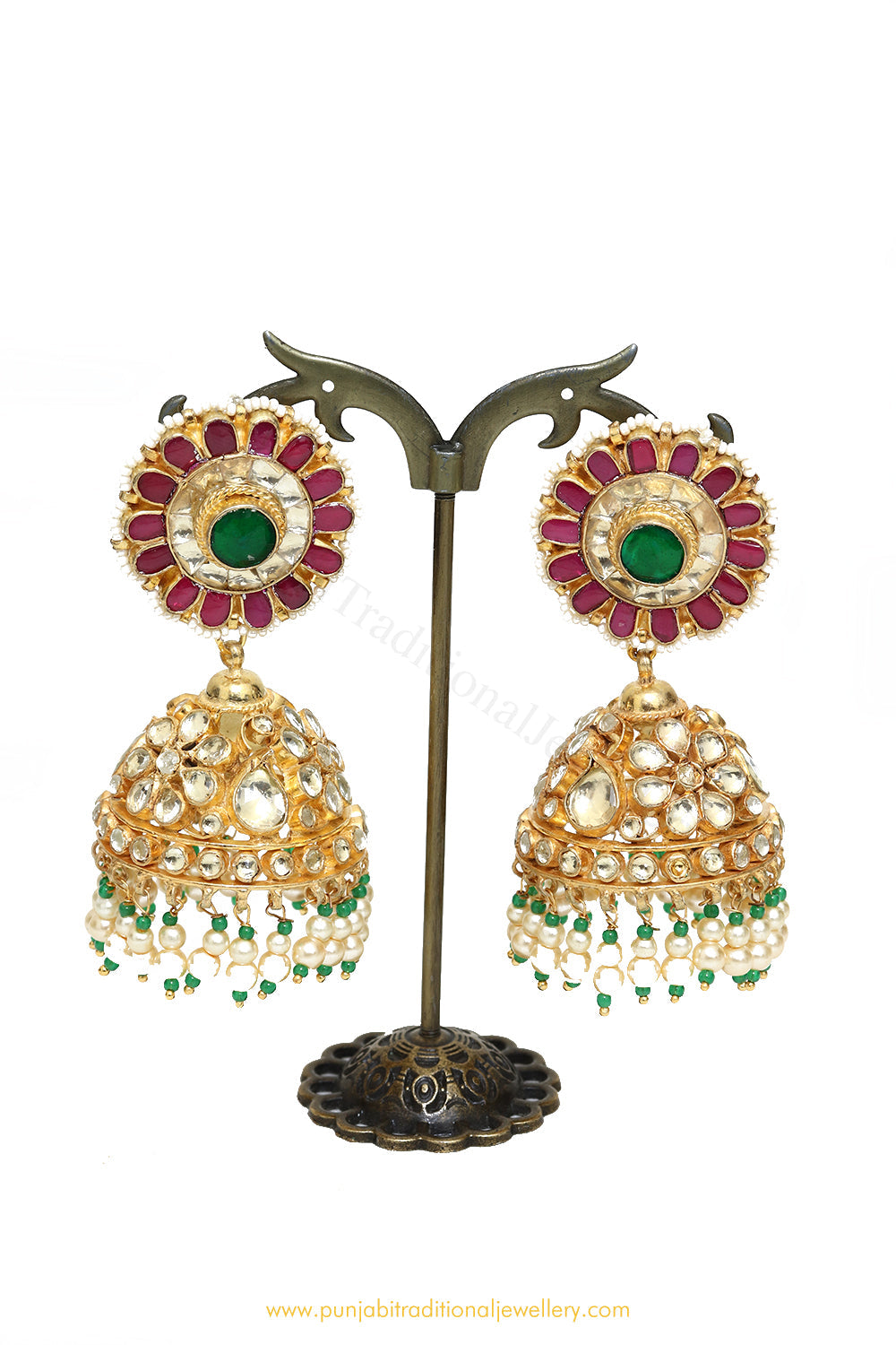 Gold Finished Rubby Emerald Kundan Jhumki Earrings by PTJ