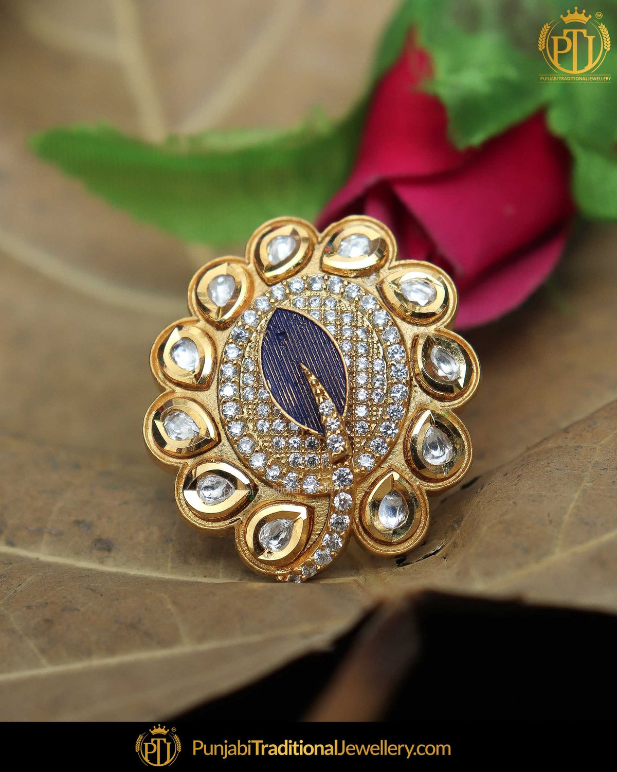Gold Finished Matt Gold Blue Kundan Ring | Punjabi Traditional Jewellery Exclusive