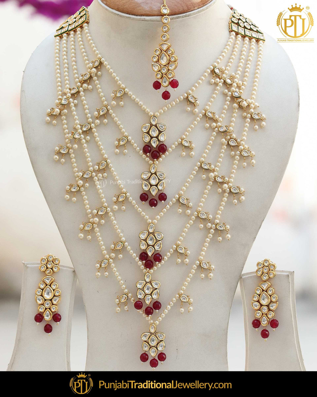 Gold Finsihed Rubby Kundan Pearl Necklace Set | Punjabi Traditional Jewellery Exclusive