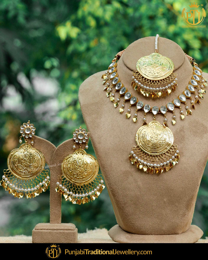 Gold Finished Patra Pippal Pippal Kundan Necklace Set | Punjabi Traditional Jewellery Exclusive