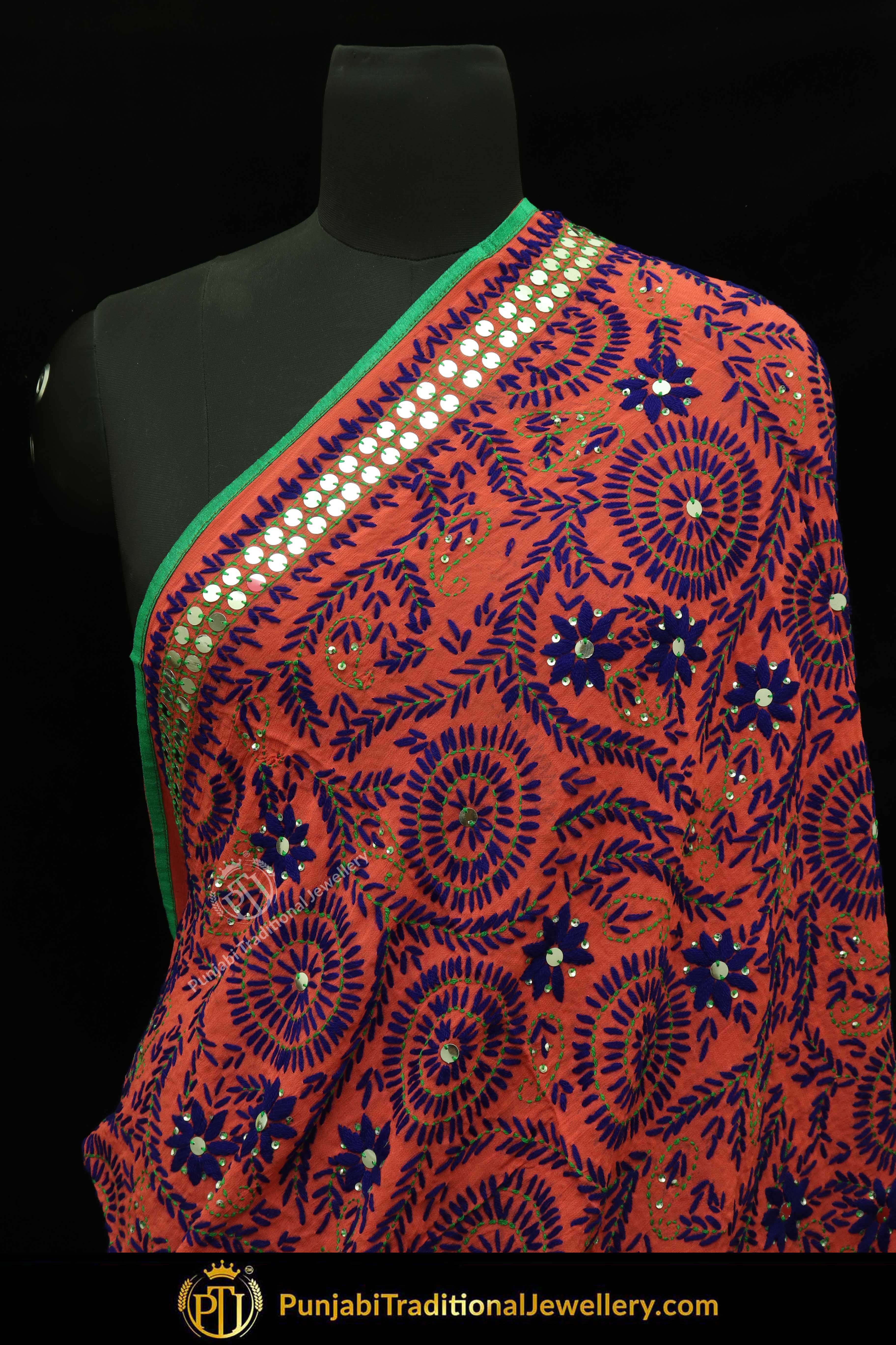Orange & Blue Color Pure Phulkari Dupatta By Punjabi Traditional Jewellery