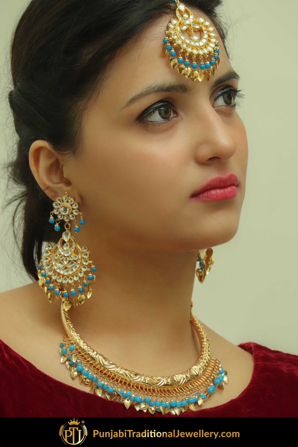 Furayah Firozi Pippal Patti Hasli Necklace, Kundan Tikka & Earring Set | Punjabi Traditional Jewellery Exclusive