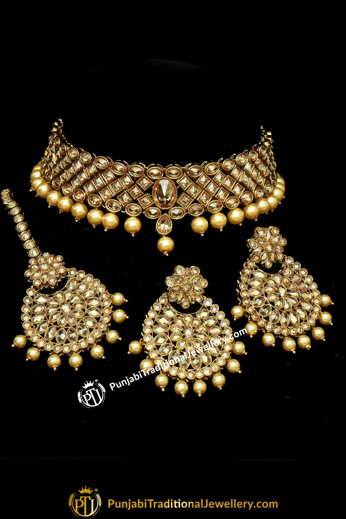 Bahira Gold Finished Champagne Stone Choker Necklace Set | Punjabi Traditional Jewellery Exclusive