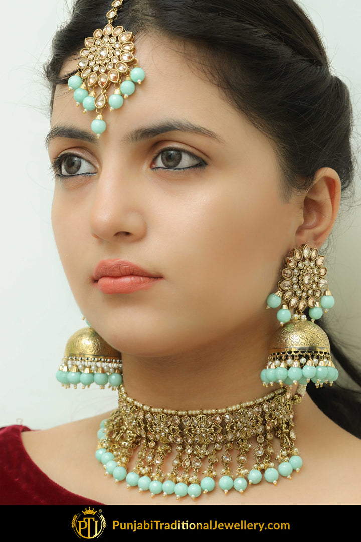 Gold Finished Firozi Choker Necklace Set, Jhumki Earring & Tikka | Punjabi Traditional Jewellery Exclusive