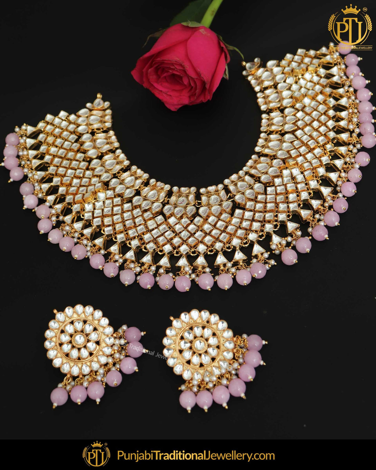 Gold Finished Emerald Pearl Kundan Mala Necklace Set | Punjabi Traditional Jewellery Exclusive