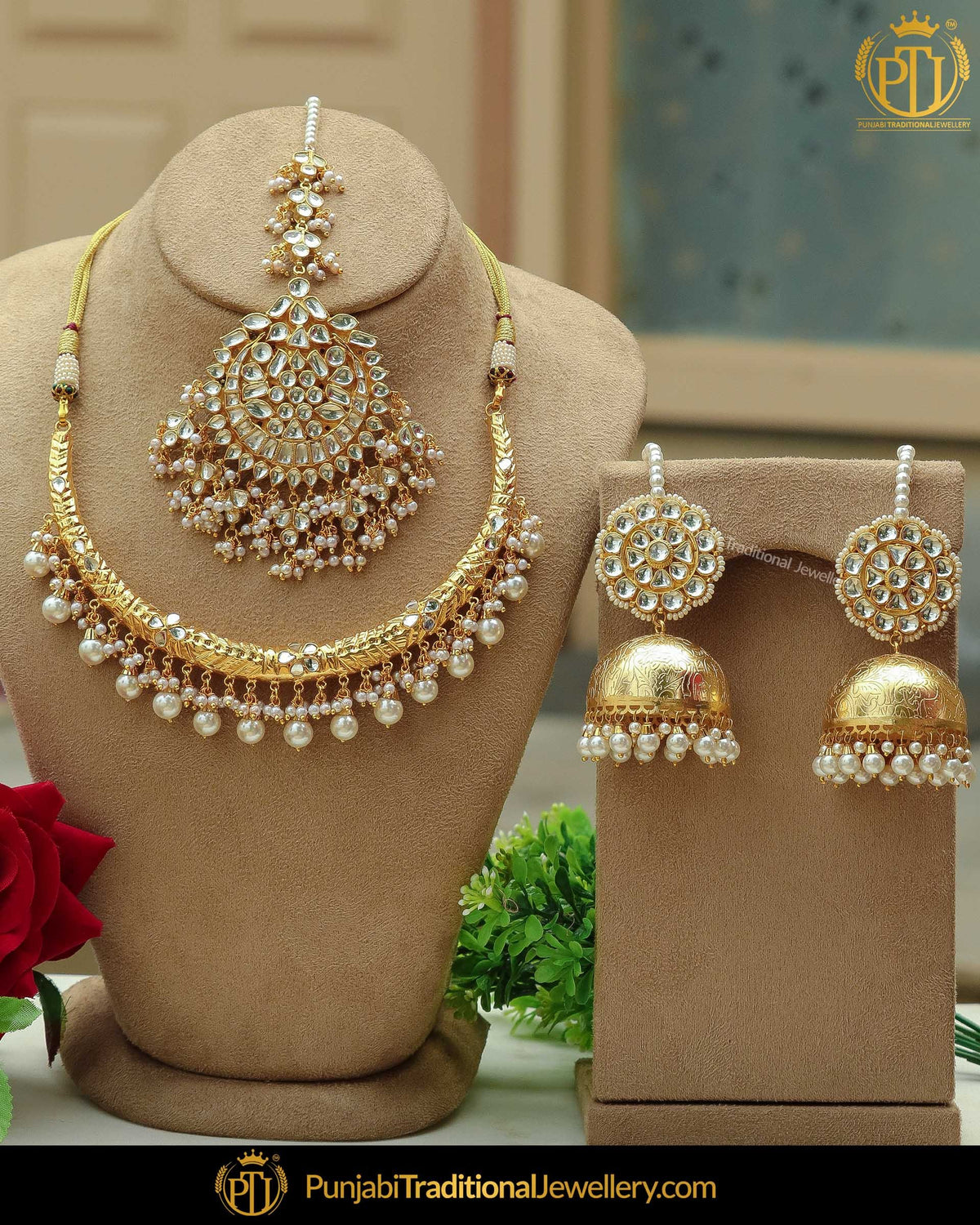 Gold Finished Kundan Pearl Hasli Necklace Set | Punjabi Traditional Jewellery Exclusive