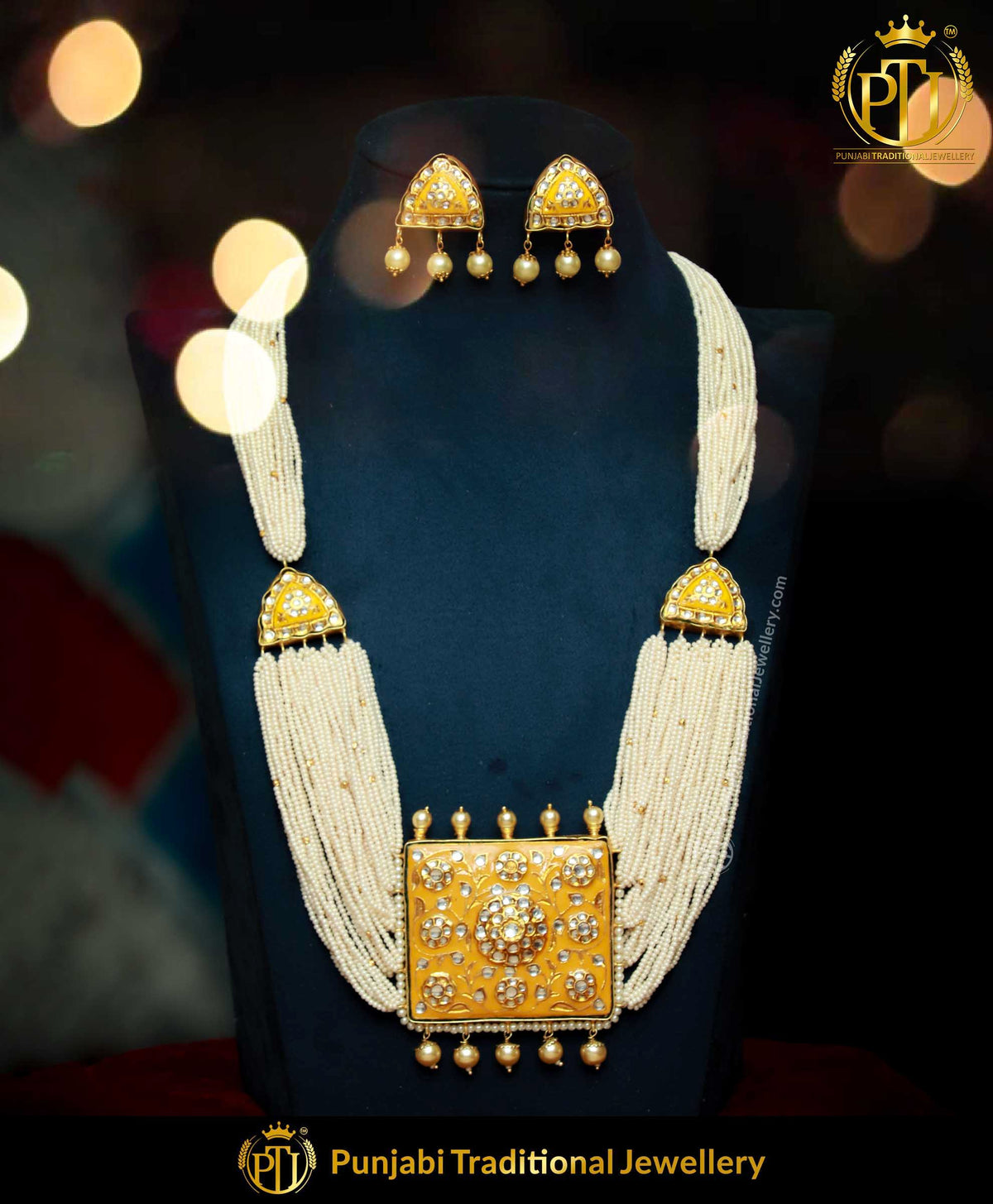 Hand-Painted Yellow Kundan Pearl Necklace & Earrings | Punjabi Traditional Jewellery Exclusive