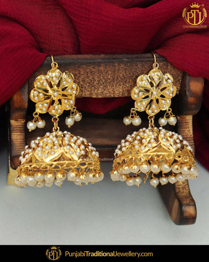 Gold Finished Jadau Jhumki Pearl Earrings | Punjabi Traditional Jewellery Exclusive