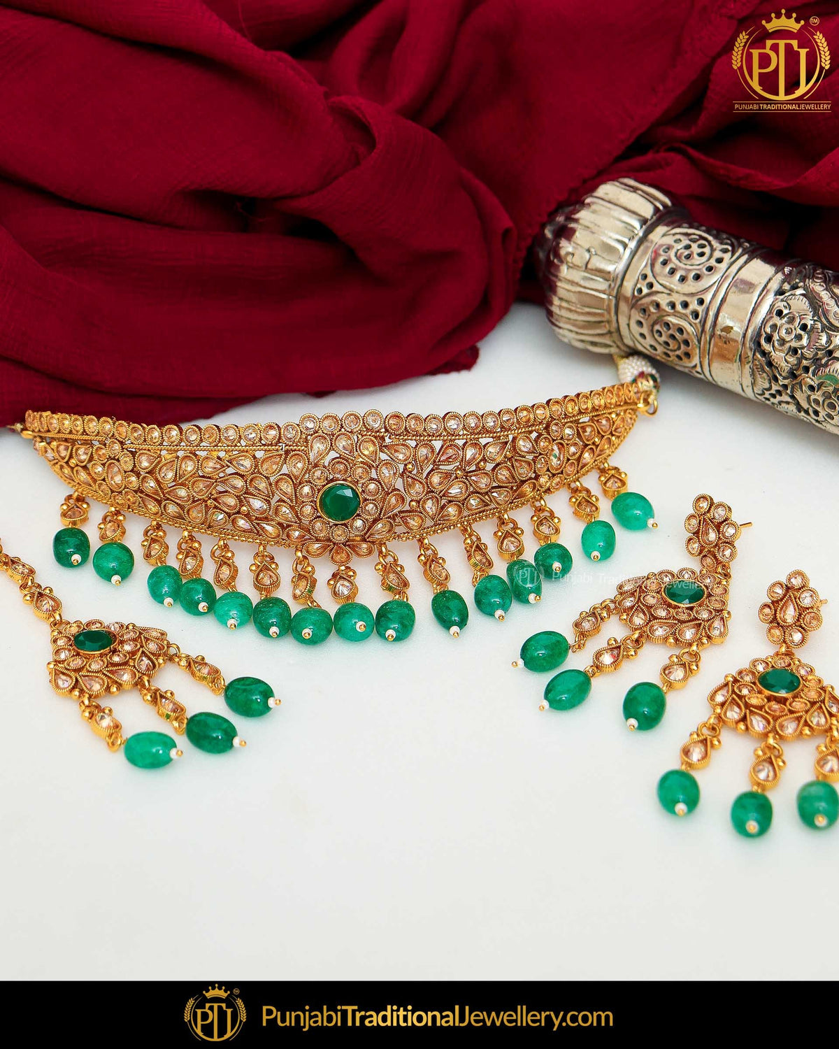 Gold Finished Green Champagne Stone Pearl Necklace Set  | Punjabi Traditional Jewellery Exclusive