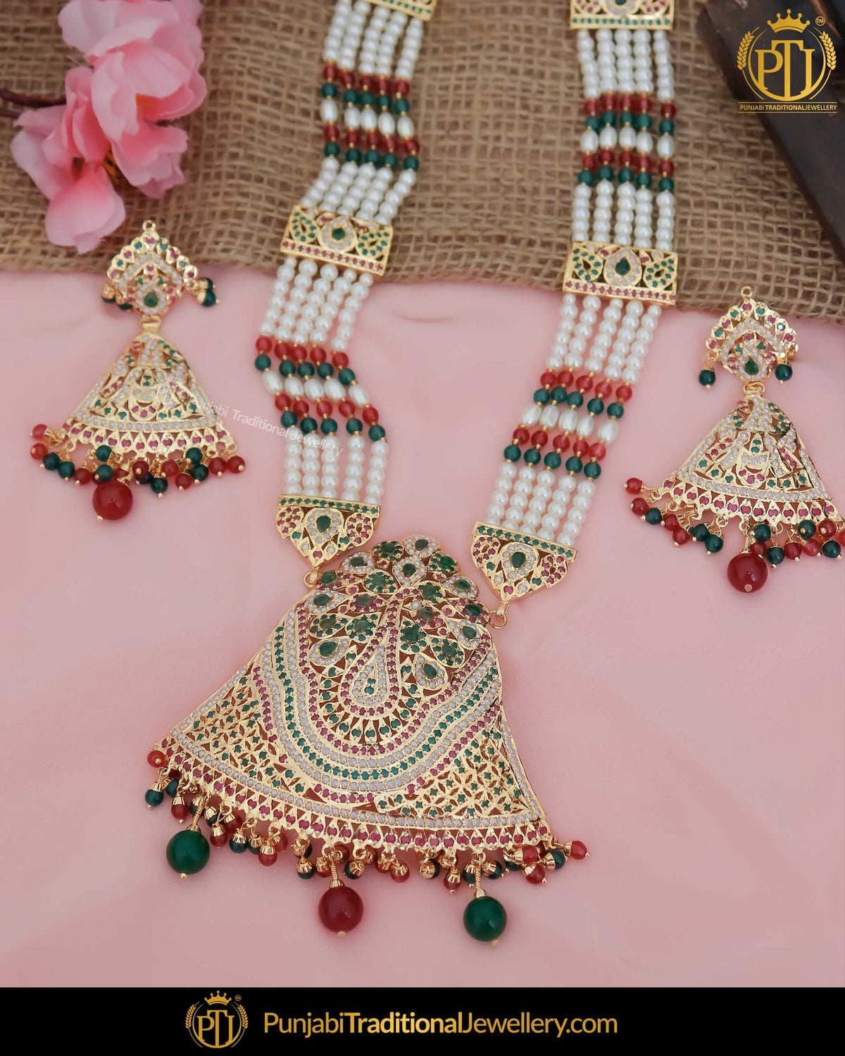 Gold Finished Red & Green Rani Haar Jadau Necklace Set | Punjabi Traditional Jewellery Exclusive