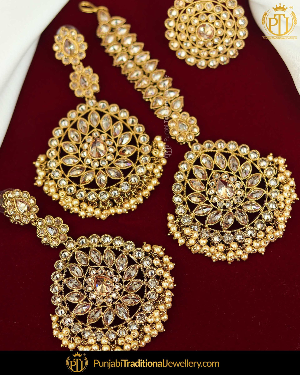 Gold Finished Champange Stone Pearl Earring Tikka Set With Rings | Punjabi Traditional Jewellery Exclusive