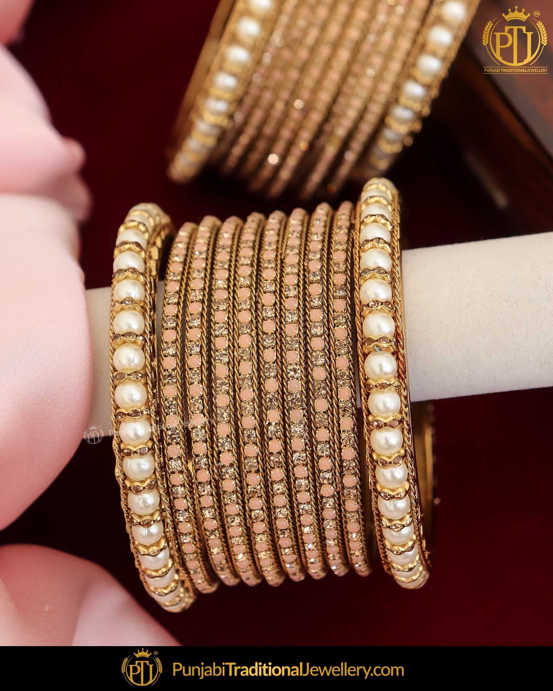Antique Gold Finished Peach Pearl Bangles Set (Both Hand Pair) | Punjabi Traditional Jewellery Exclusive