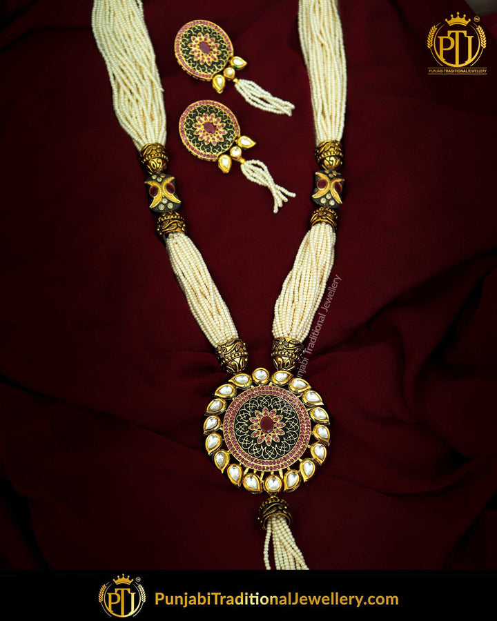 Hand-Painted Johda Long Kundan Pearl Necklace Set | Punjabi Traditional Jewellery Exclusive