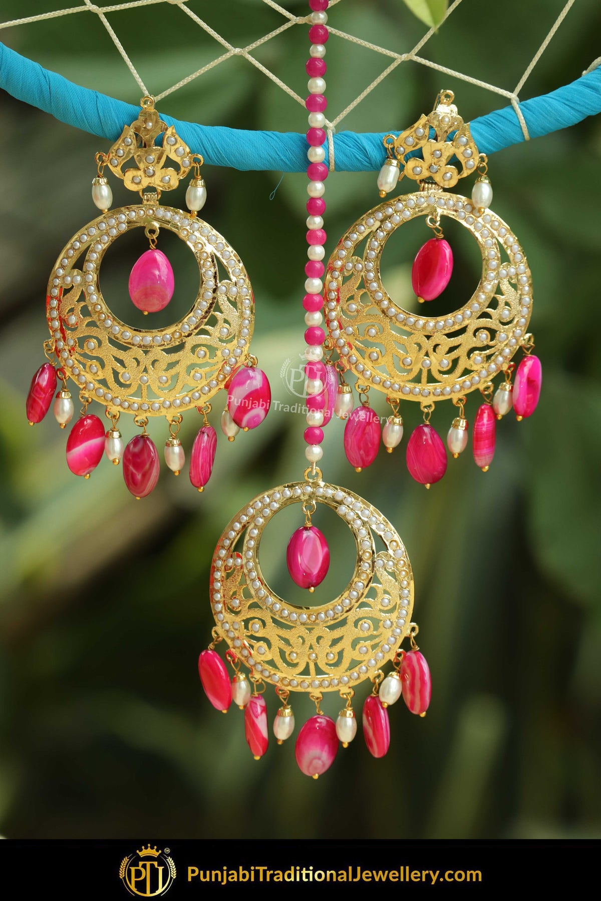Gold Finished Pink Jadau Pearl Earring Tikka Set | Punjabi Traditional Jewellery Exclusive