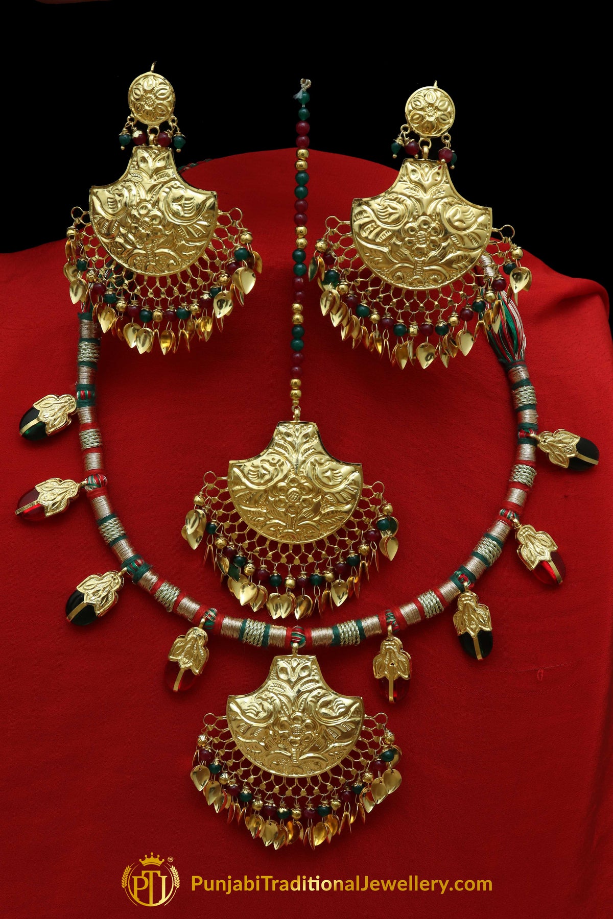 Insha Rubby Panna Pippal Patti Daakh Necklace, Tikka & Earrings | Punjabi Giddha Jewellery | Punjabi Traditional Jewellery Exclusive