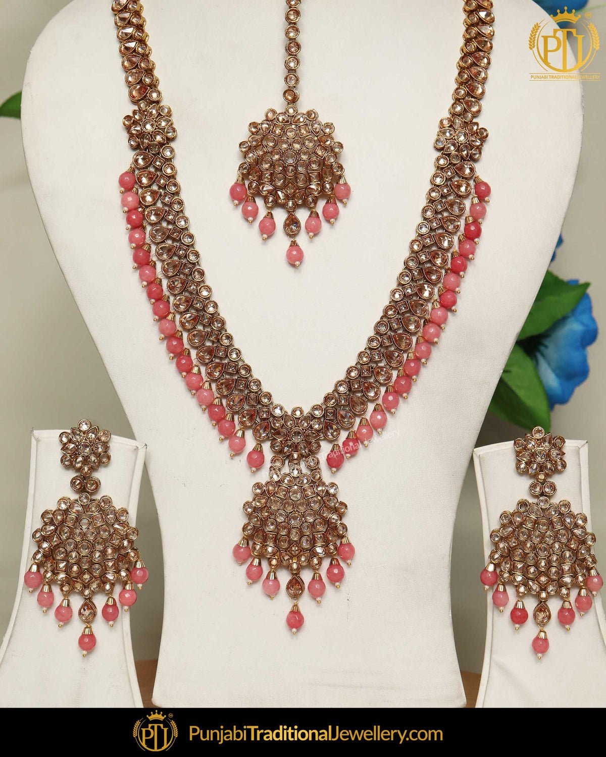 Gold Finished Pink Chamapgne Stone Pearl Necklace Set | Punjabi Traditional Jewellery Exclusive