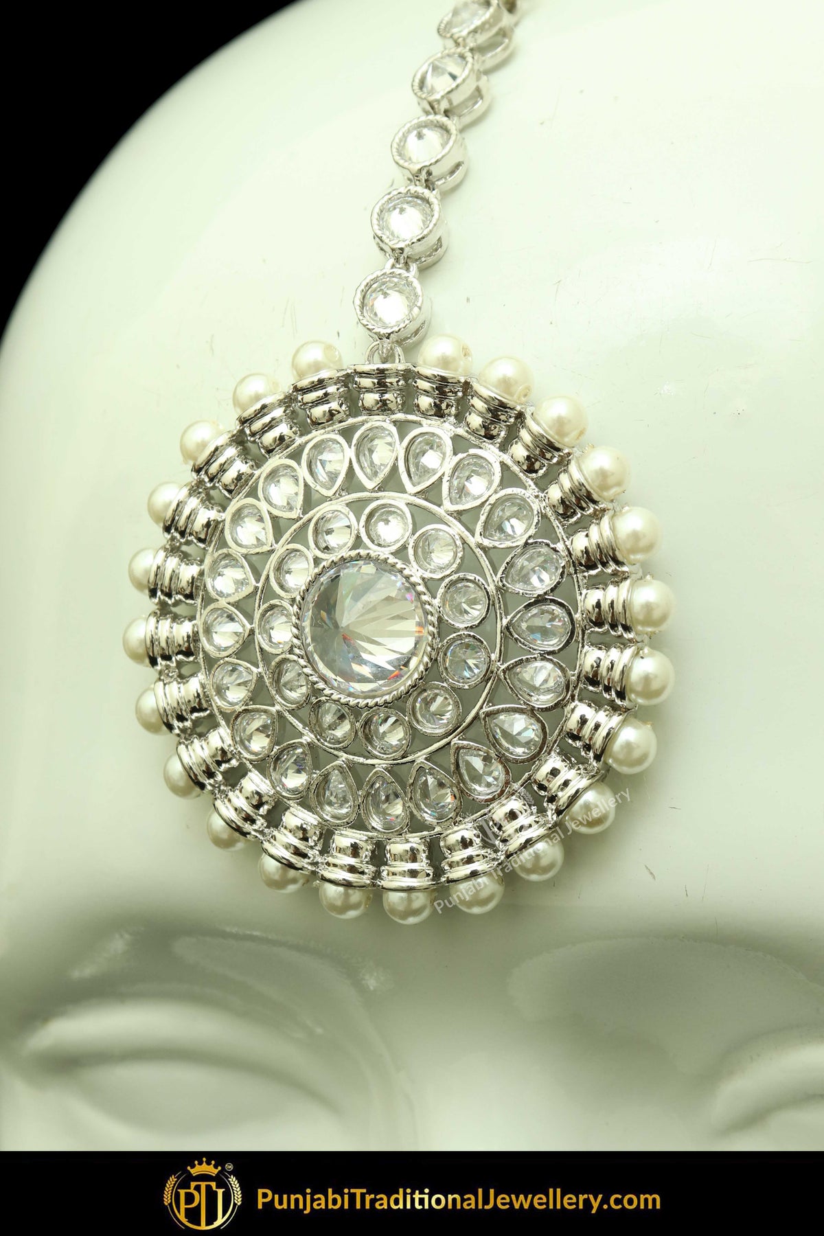 Silver Finished Polki Stone Oversized Stud Earrings & Tikka Set By Punjabi Traditional Jewellery