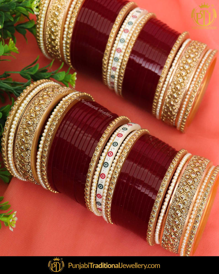 Gold Pearl Dotted Maroon Bridal Chura | Punjabi Traditional Jewellery Exclusive