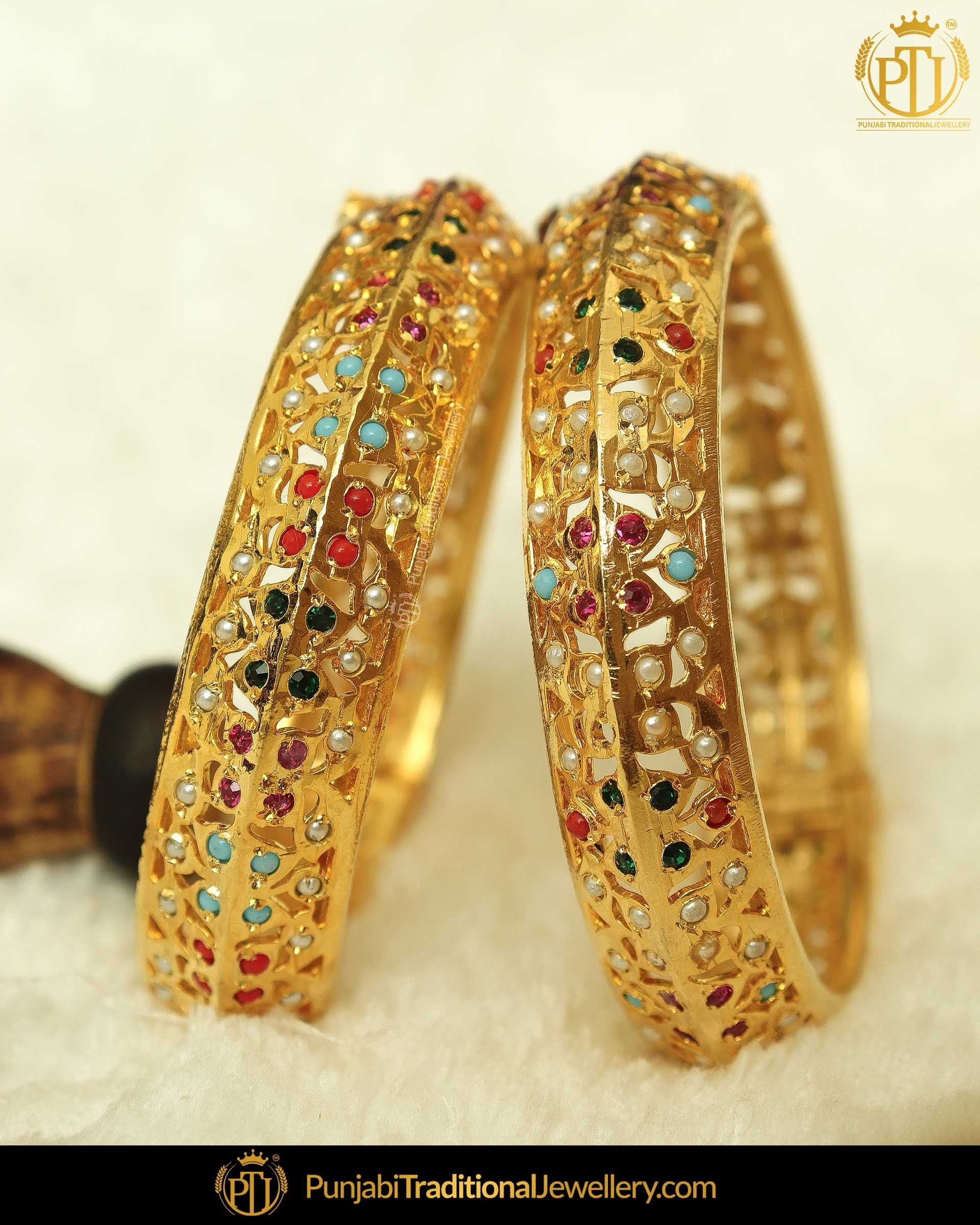 Gold Finished Navratan Jadau Karra Bangles (Pair)| Punjabi Traditional Jewellery Exclusive