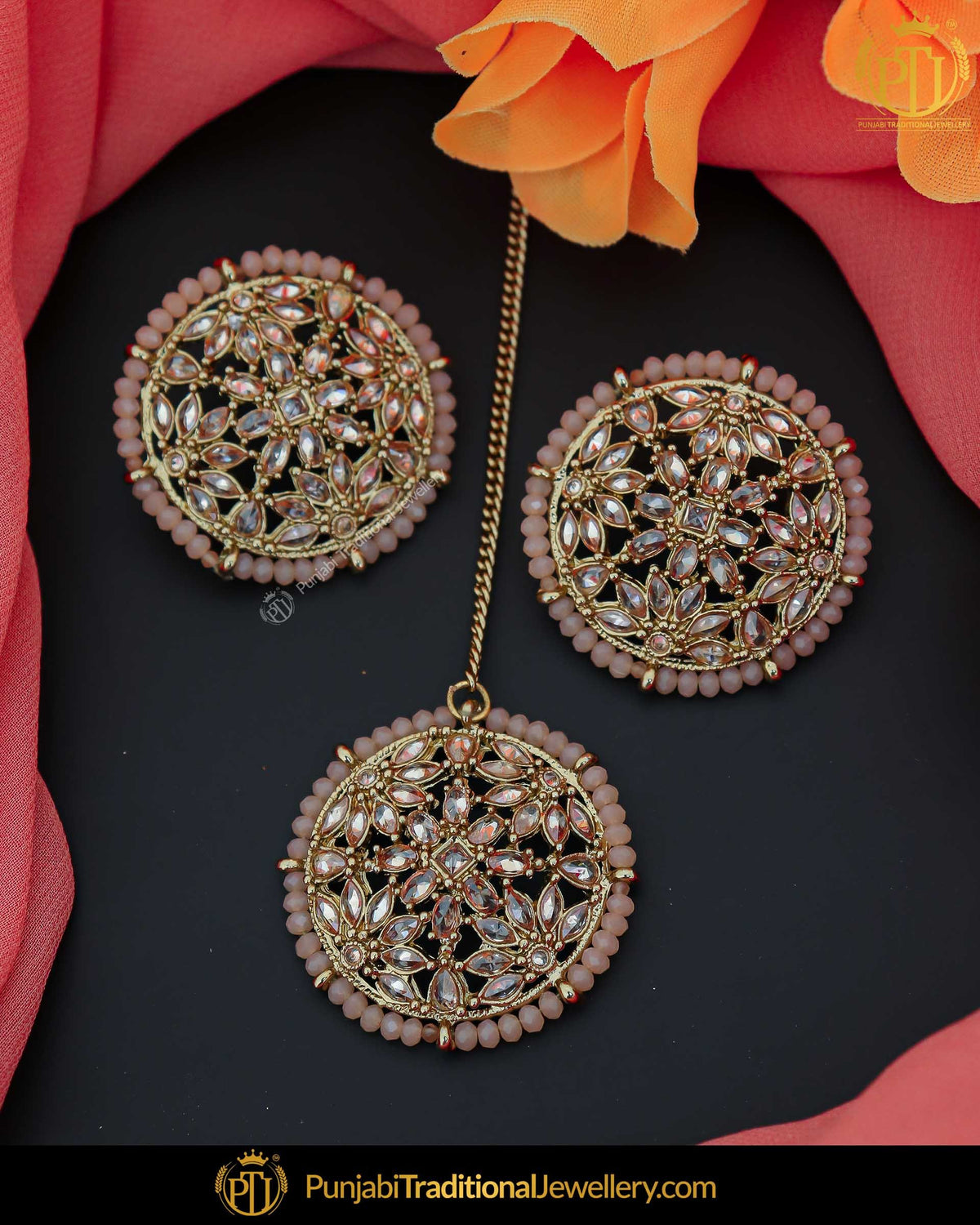 Gold Finished Pink Champagne Stone Stud Earring Tikka Set | Punjabi Traditional Jewellery Exclusive