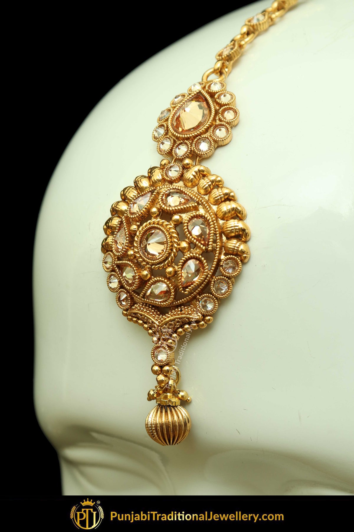 Antique Gold Finised Champagne Stone Earring Tikka Set By Punjabi Traditional Jewellery