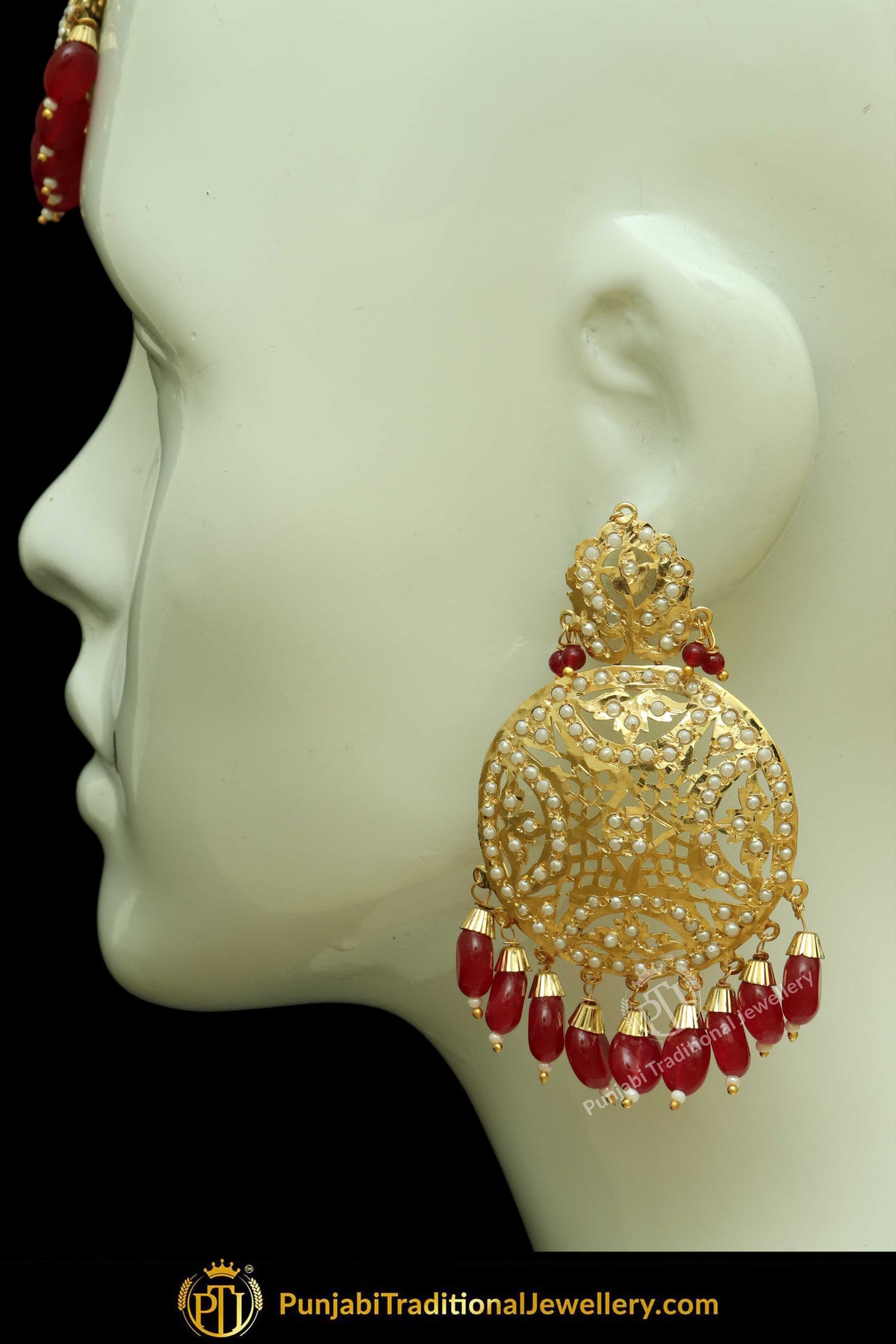 Gold Finished Red Jadau Pearl Earring Tikka Set | Punjabi Traditional Jewellery Exclusive