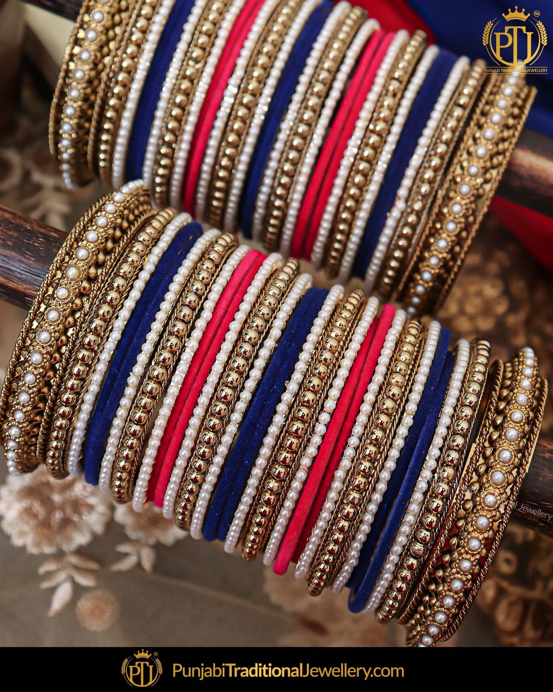 Antique Gold Multi Pearl Bangles Set For Both Hands | Punjabi Traditional Jewellery Exclusive