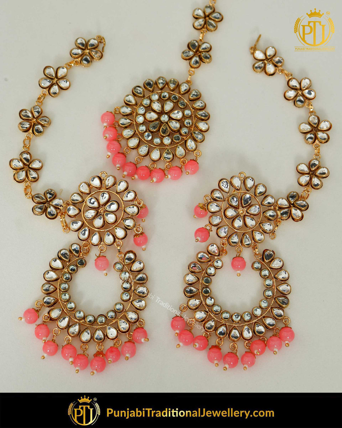 Gold Finished Gajri Kundan Sahare Earrings & Tikka Set | Punjabi Traditional Jewellery