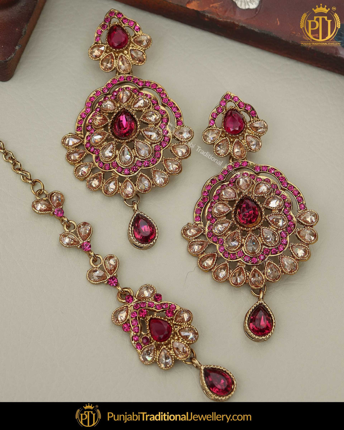 Gold Finsihed Polki Navratan Rubby Pearl Earring Tikka Set | Punjabi Traditional Jewellery Exclusive