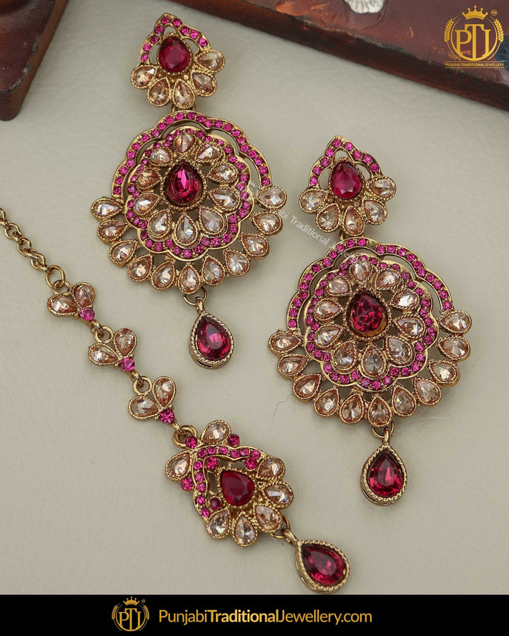 Gold Finsihed Polki Navratan Rubby Pearl Earring Tikka Set | Punjabi Traditional Jewellery Exclusive