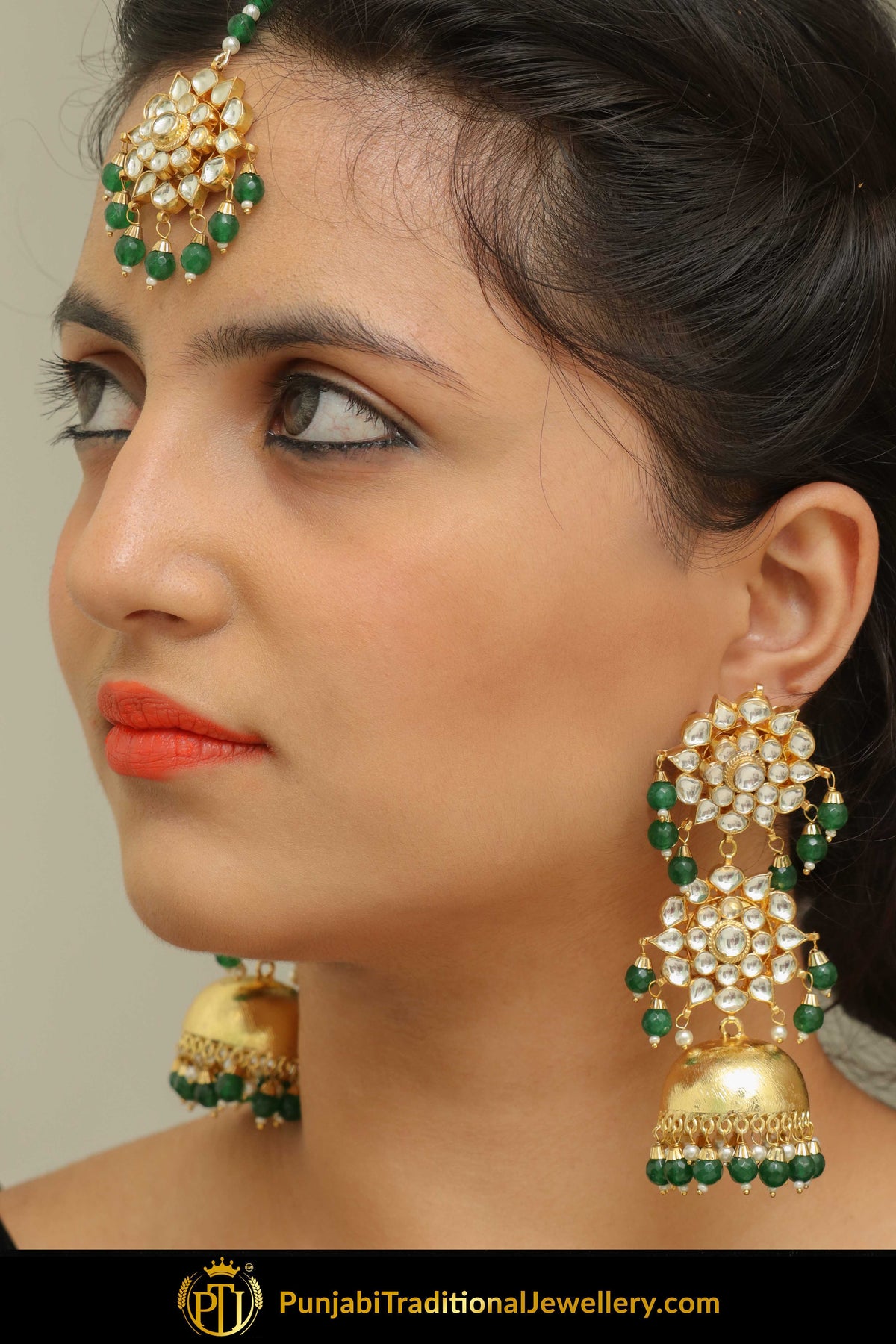 Ifza Gold Finished Pearl Emerald Jhumki Kundan Earring Tikka Set | Punjabi Traditional Jewellery Exclusive