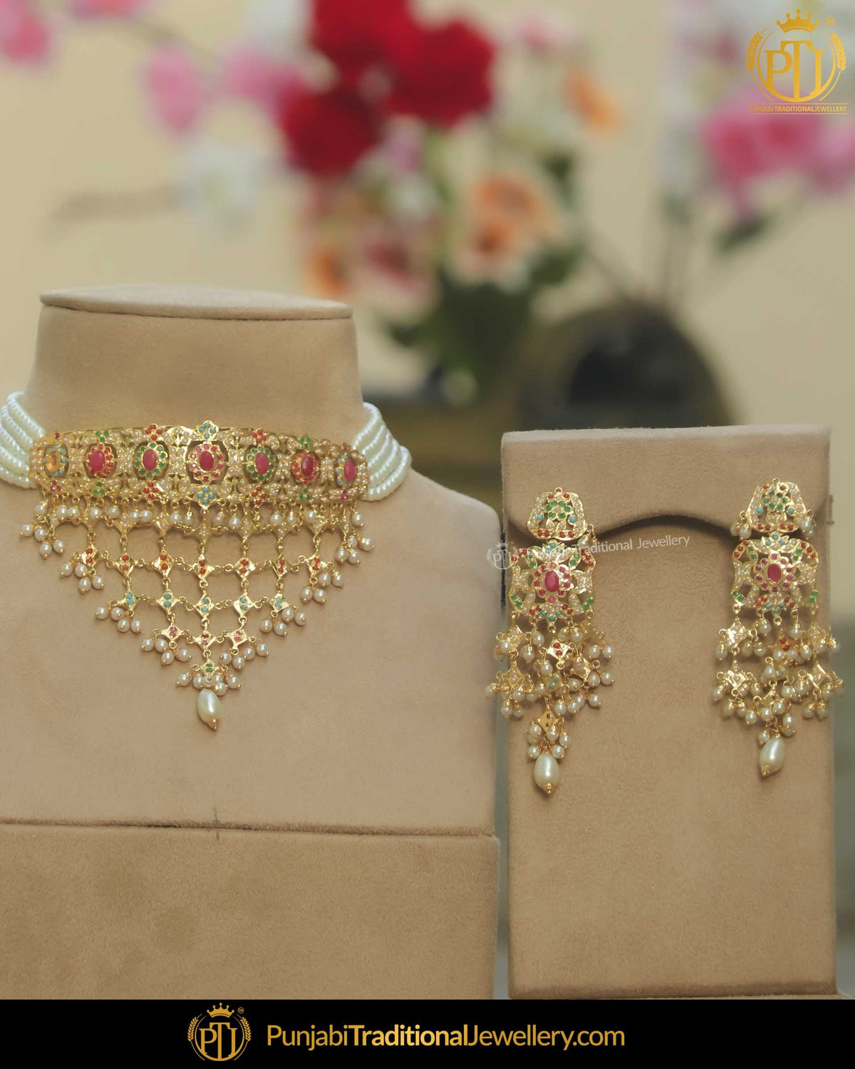 Gold Finished Navratan Pearl Choker Necklace Set | Punjabi Traditional Jewellery Exclusive