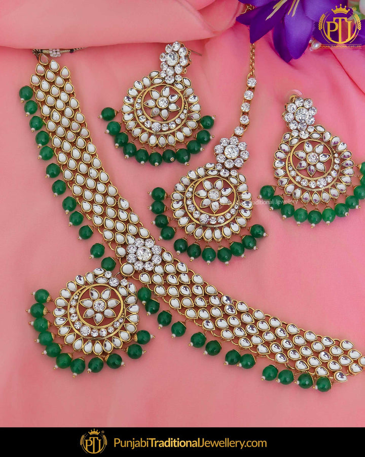 Gold Finished Kundan Emerlad Pearl Choker Necklace Set | Punjabi Traditional Jewellery Exclusive