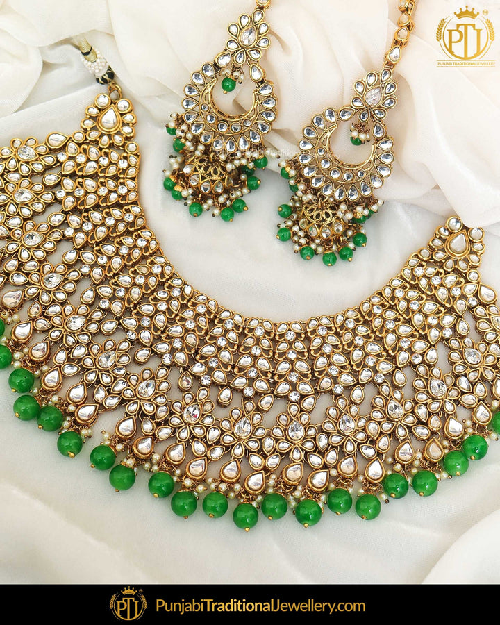 Gold Finished Green Kundan Pearl Choker Necklace & Sahare Earrings | Punjabi Traditional Jewellery Exclusive