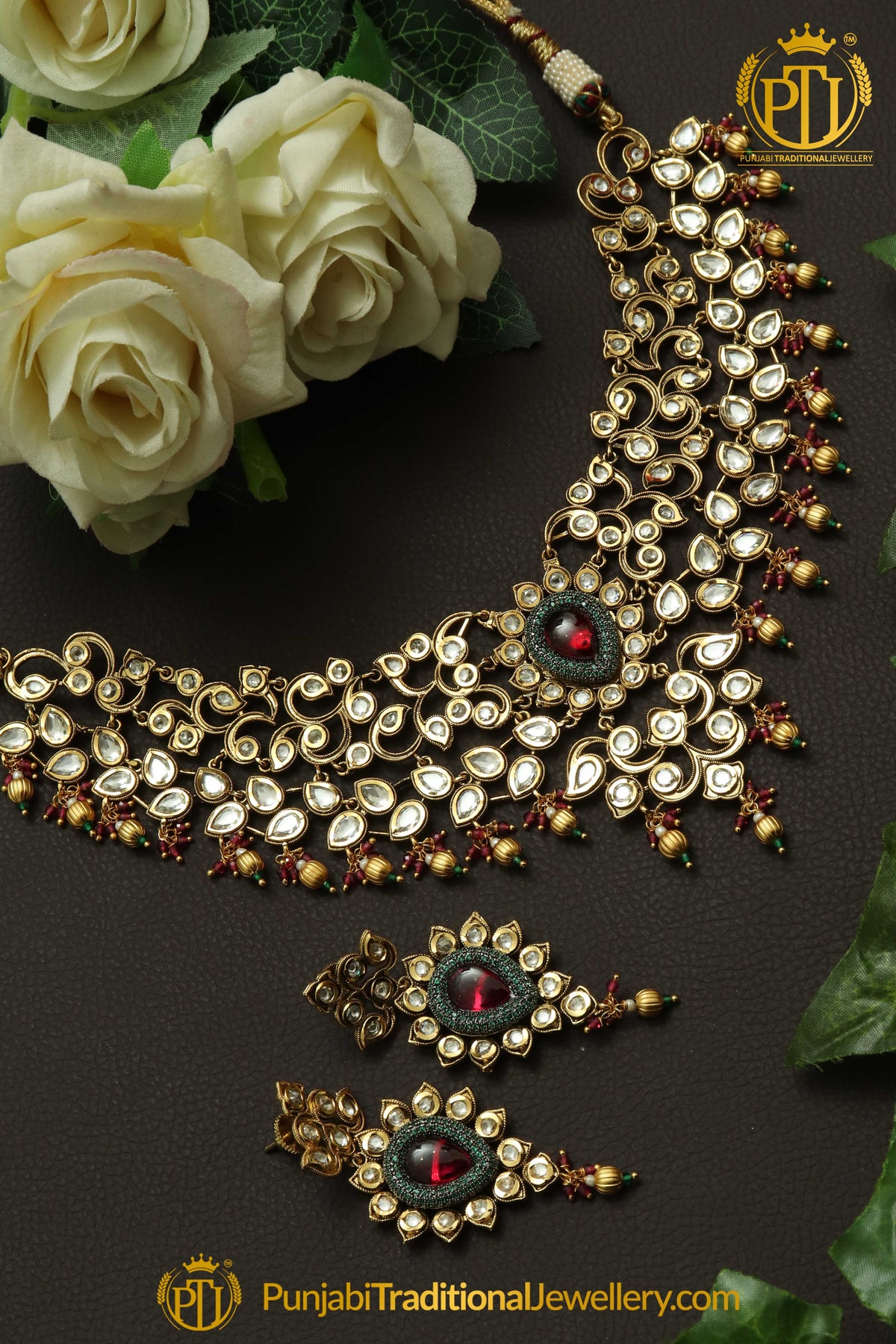 Matt Gold Red Polki Necklace Set By Punjabi Taditional Jewellery