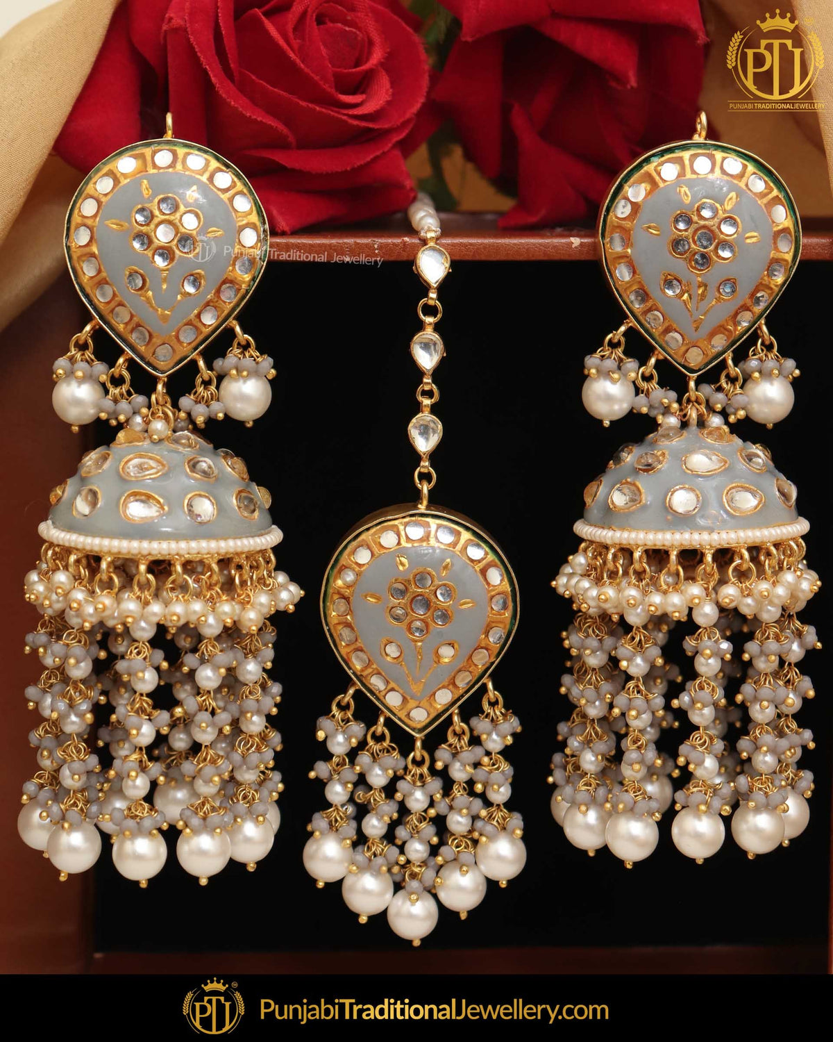 Hand Painted Meena Kundan Pearl Gray Jhumki Sahare Earrings & Tikka | Punjabi Traditional Jewellery Exclusive