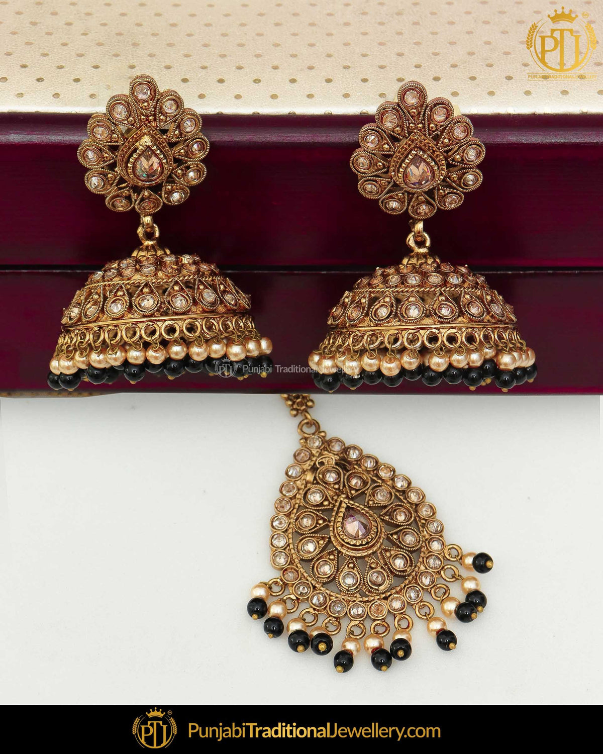 Antique Gold Finished Black Champagne Stone Earring Tikka Set | Punjabi Traditional Jewellery Exclusive