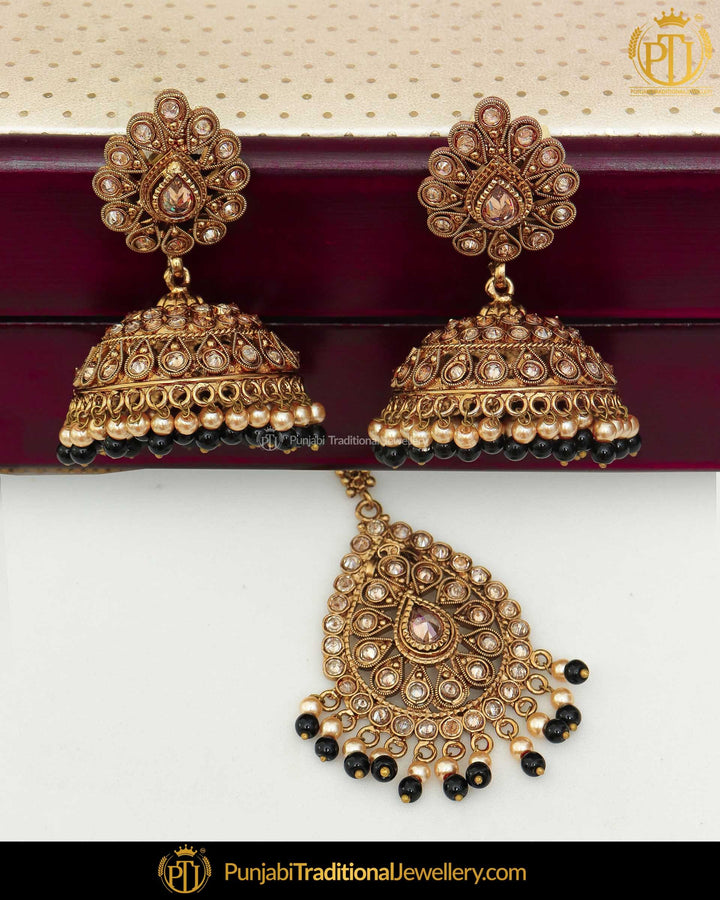 Antique Gold Finished Black Champagne Stone Earring Tikka Set | Punjabi Traditional Jewellery Exclusive