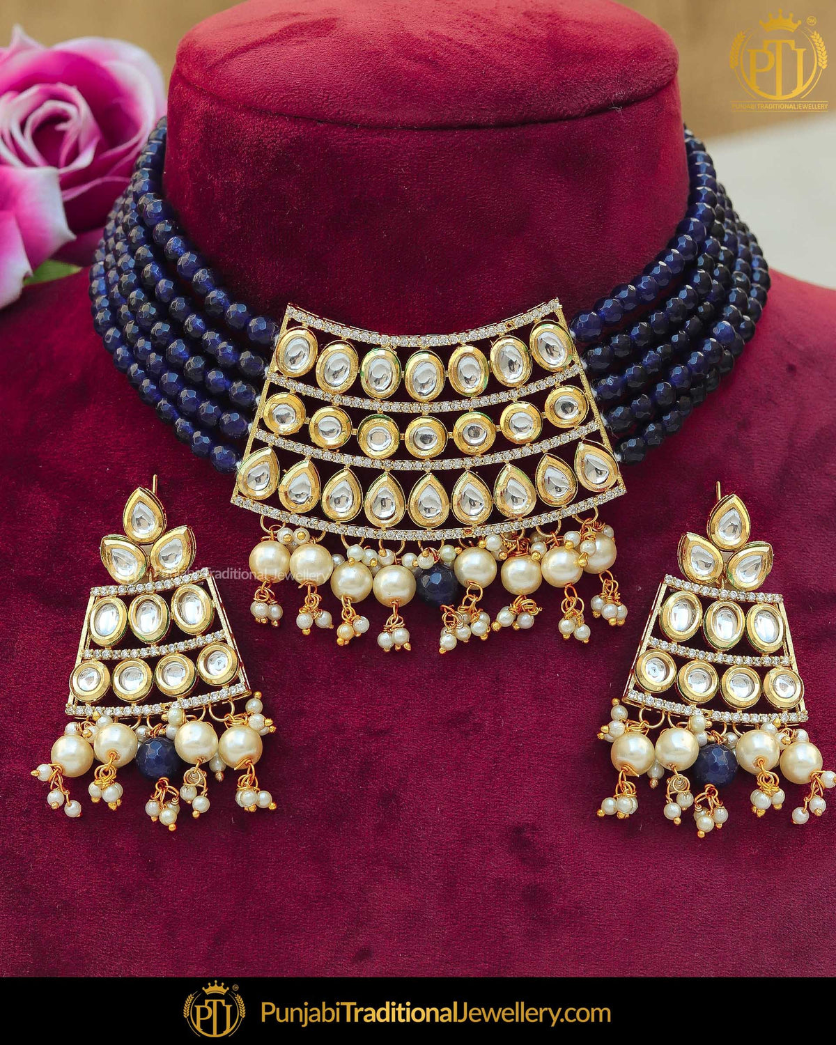 Gold Finished Blue Kundan Choker Pearl Necklace Set | Punjabi Traditional Jewellery Exclusive