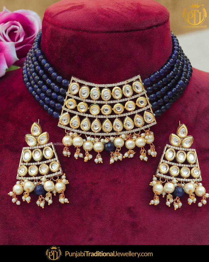 Gold Finished Blue Kundan Choker Pearl Necklace Set | Punjabi Traditional Jewellery Exclusive