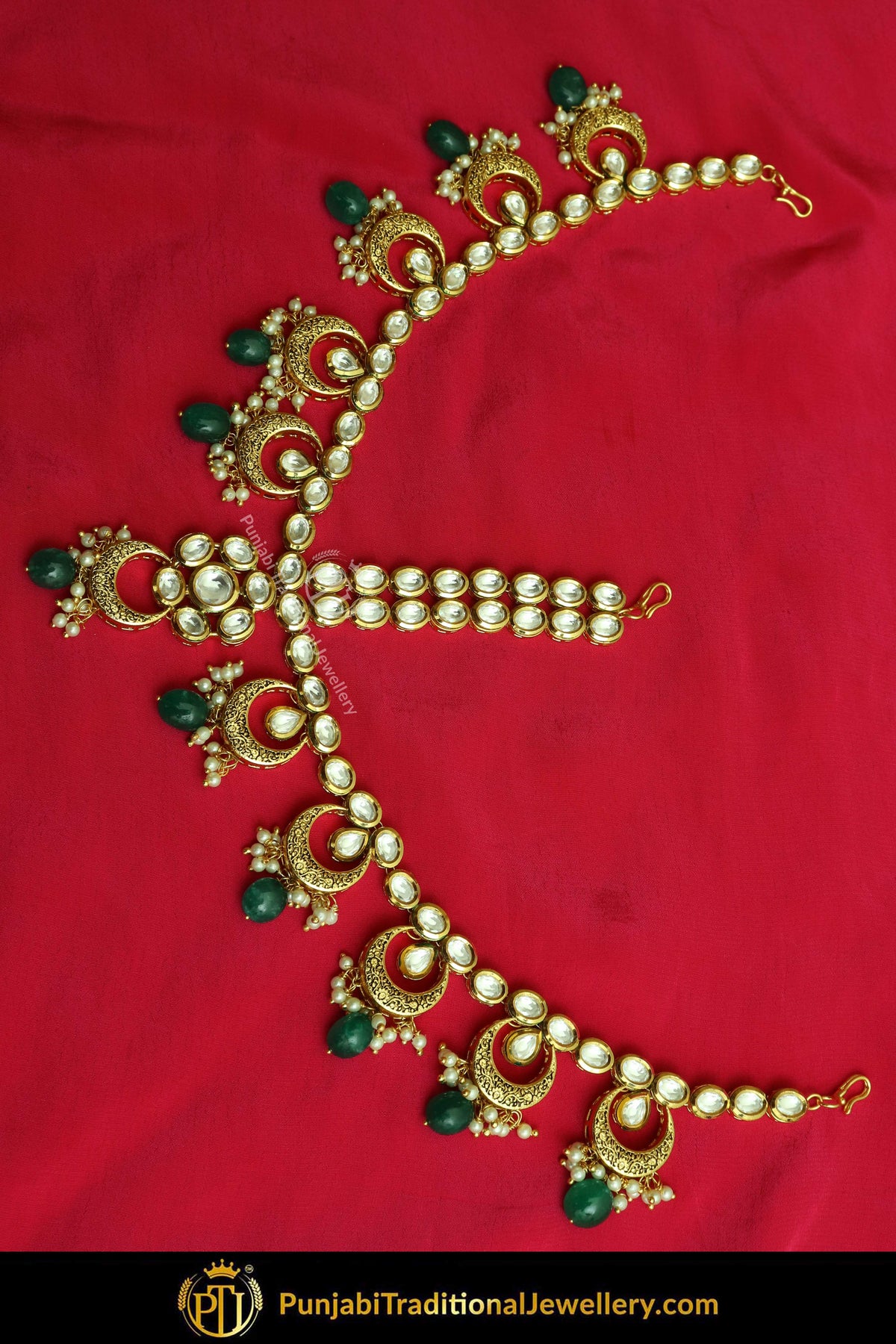 Gold Finished Kundan Emerald Matha Patti | Punjabi Traditional Jewellery Exclusive