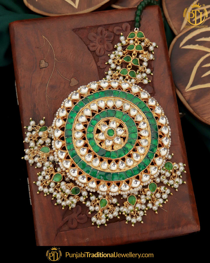 Gold Finished Kundan Green Pearl Tikka | Punjabi Traditional Jewellery Exclusive