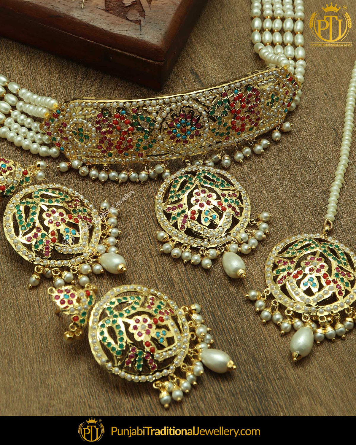 Gold Finished Navratan Jadau Pearl Necklace Set | Punjabi Traditional Jewellery Exclusive