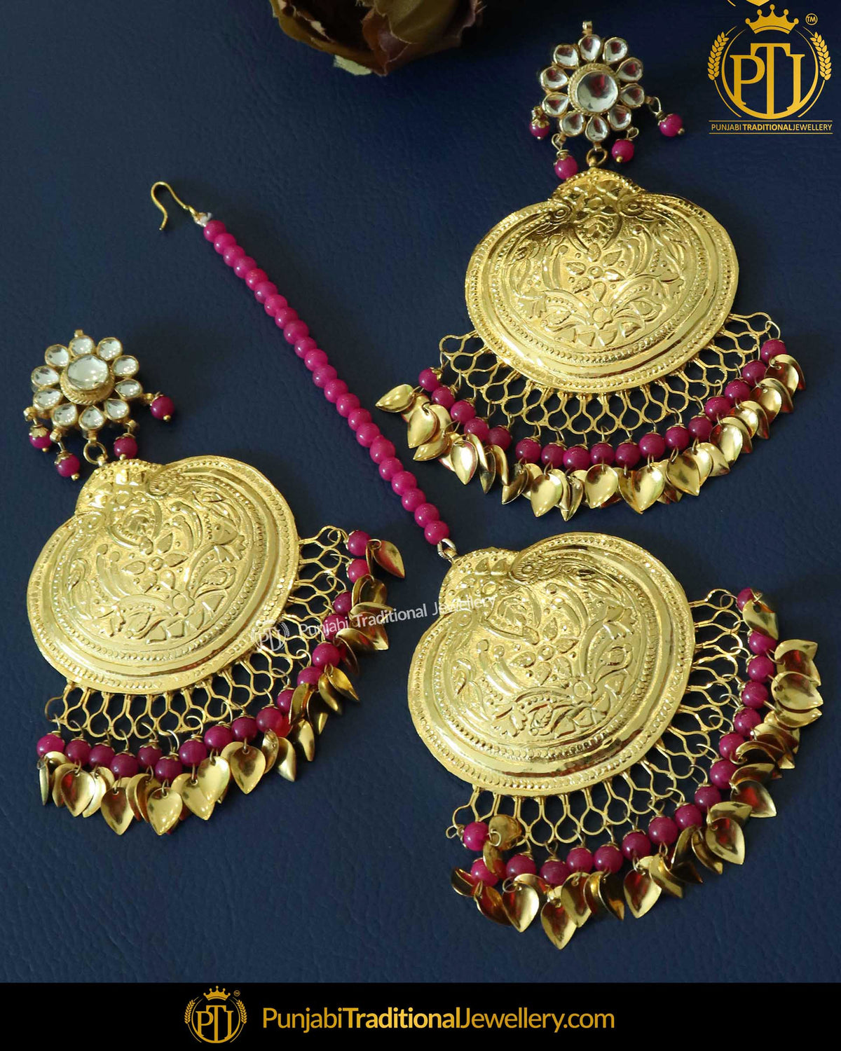 Pink Pippal Patti Kundan Earrings With Tikka Set | Punjabi Traditional Jewellery Exclusive