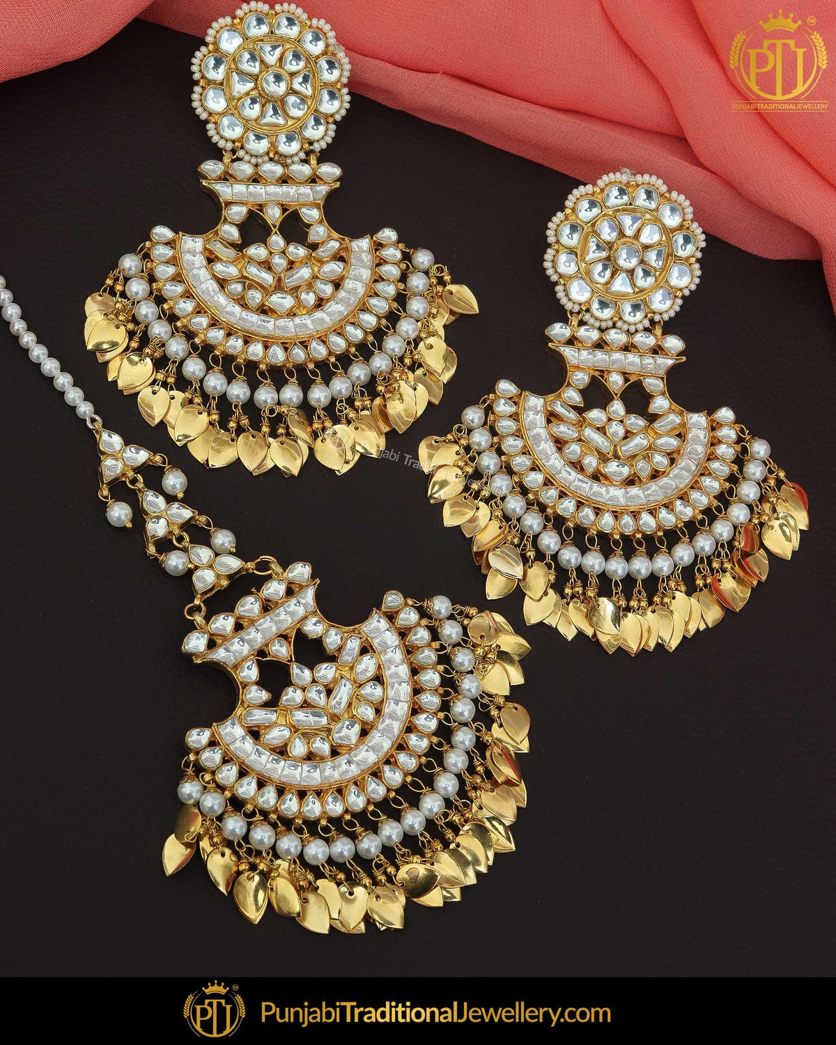 Gold Finished Pippal Patti & Pearl Kundan Earrings & Tikka Set | Punjabi Traditional Jewellery Exclusive