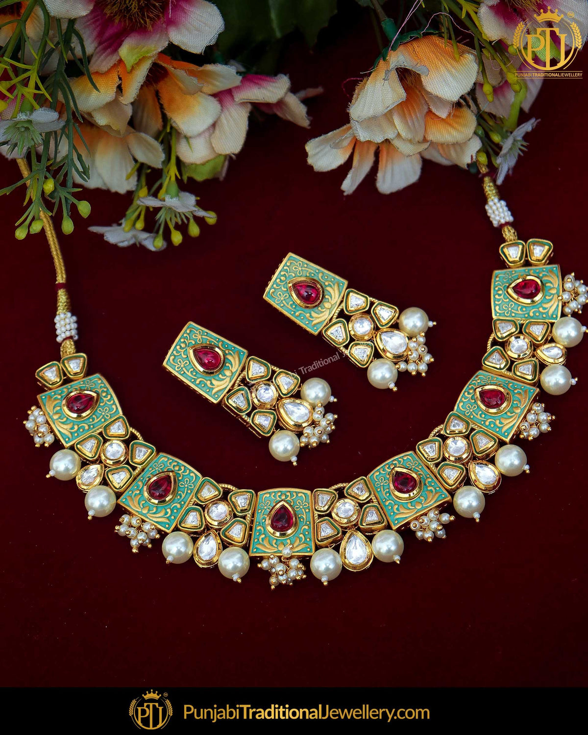Hand Painted Emerald Meena Rubby Kundan Pearl Necklace Set | Punjabi Traditional Jewellery Exclusive